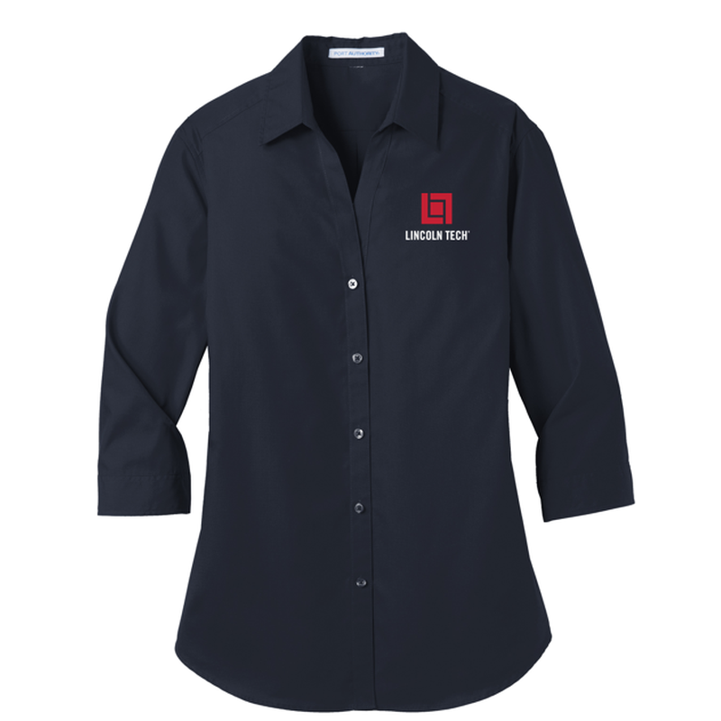 LINCOLN TECH Port Authority® Women's 3/4-Sleeve Carefree Poplin Shirt - RIVER BLUE NAVY
