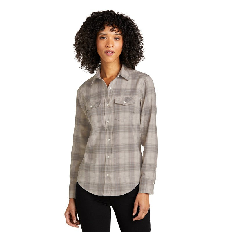Ladies Long Sleeve Ombre Plaid Shirt - Frost Grey