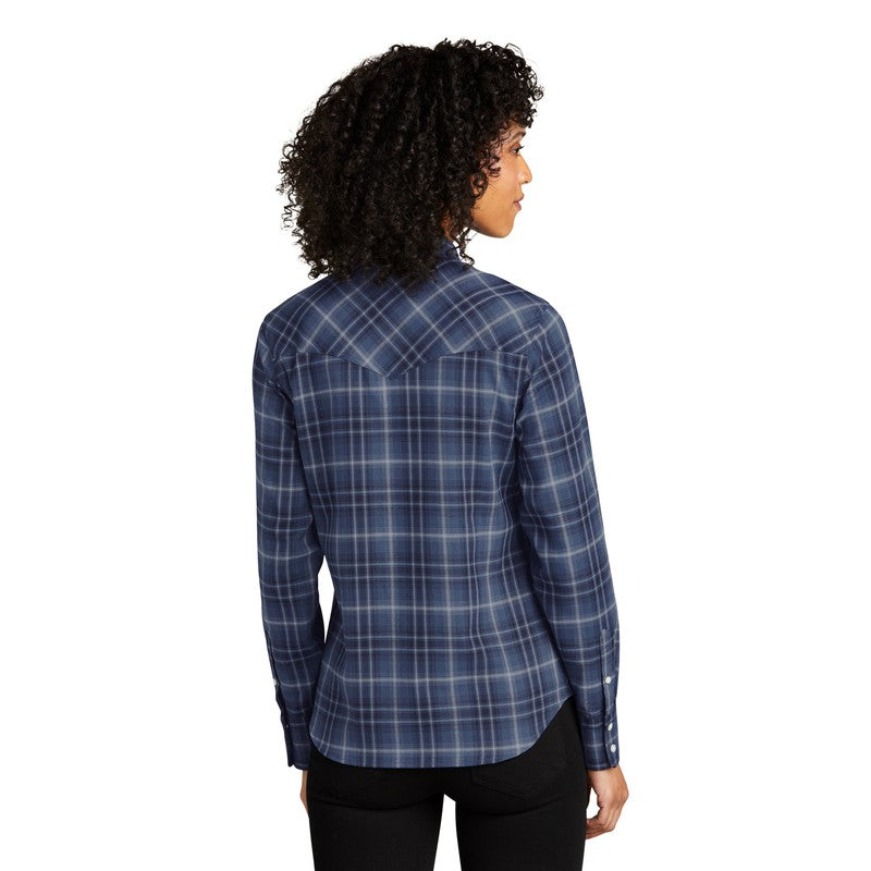 Ladies Long Sleeve Ombre Plaid Shirt - True Navy