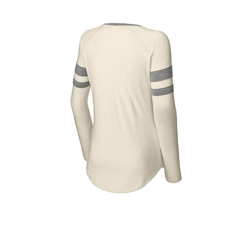 EUPHORIA Sport-Tek® Ladies Halftime Stripe Long Sleeve V-Neck Tee - Vintage Heather/ Ecru