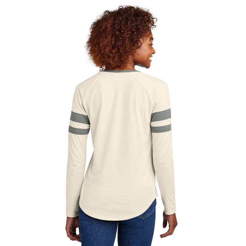 EUPHORIA Sport-Tek® Ladies Halftime Stripe Long Sleeve V-Neck Tee - Vintage Heather/ Ecru