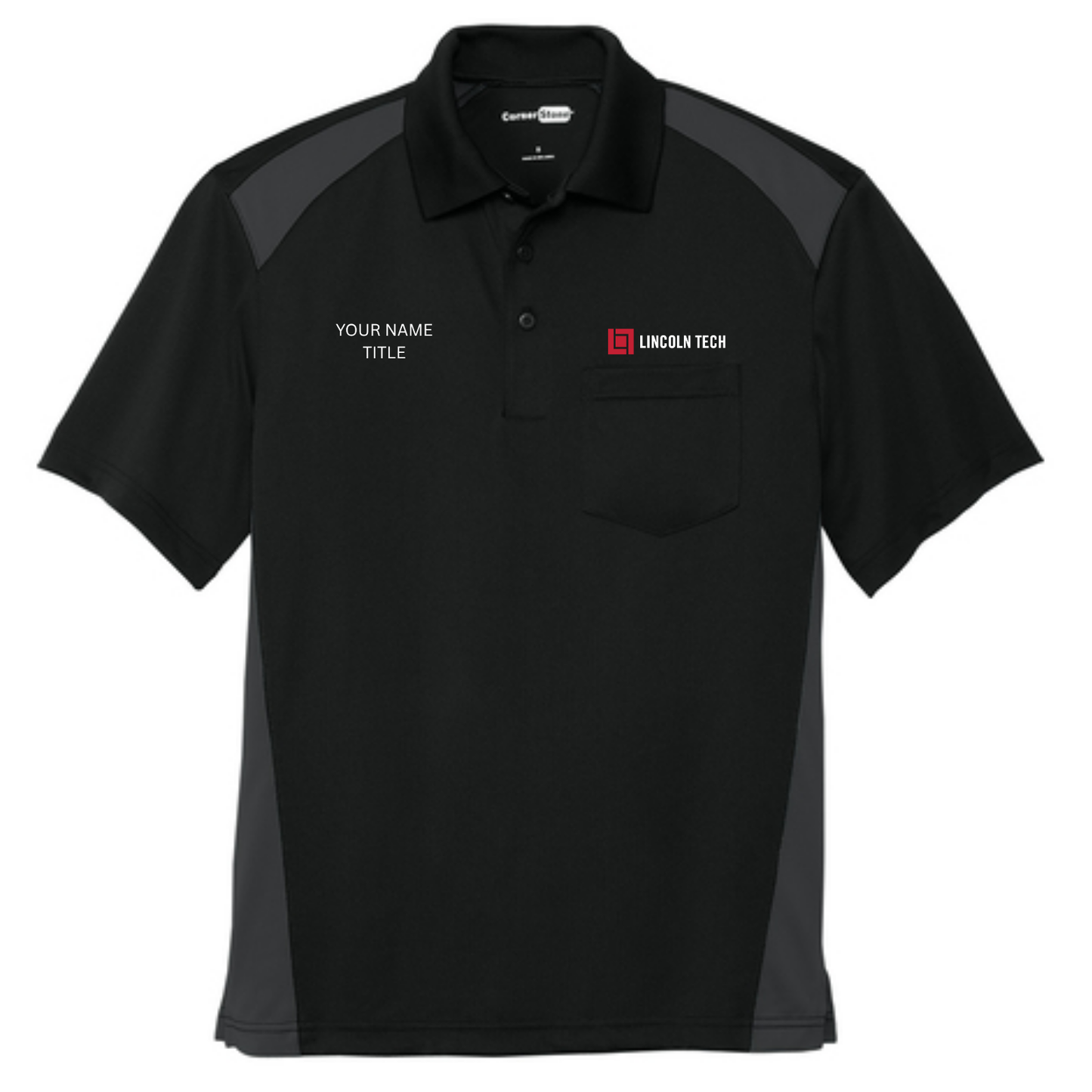 LINCOLN TECH INSTRUCTOR CornerStone® Select Snag-Proof Two Way Colorblock Pocket Polo with CUSTOM NAME - Black